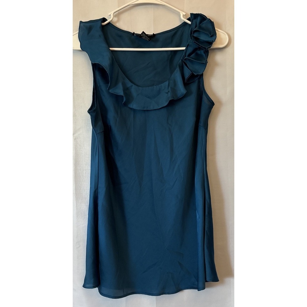 Willi‎ Smith Teal Sleeveless Ruffle Neck Blouse Silky Soft M